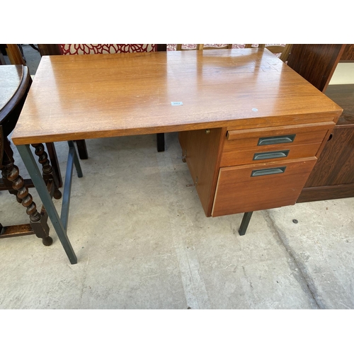 2062 - A RETRO TEAK SINGLE PEDESTAL DESK BEARING I.D. REG. DESIGN LOGO, 42 X 24