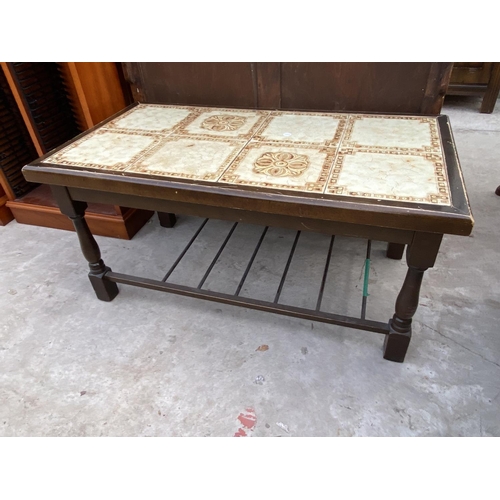 2106 - THREE YEW WOOD DVD RACKS AND TILE TOP COFFEE TABLE