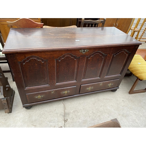 2119 - A GEORGE III OAK BLANKET CHEST WITH FOUR ARCHED PANELS AND TWO DRAWERS TO THE BASE, 54