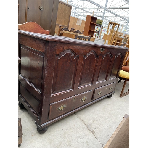 2119 - A GEORGE III OAK BLANKET CHEST WITH FOUR ARCHED PANELS AND TWO DRAWERS TO THE BASE, 54