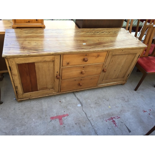 2130 - A VICTORIAN PINE KITCHEN DRESSER BASE ENCLOSING THREE DRAWERS AND TWO CUPBOARDS, 72