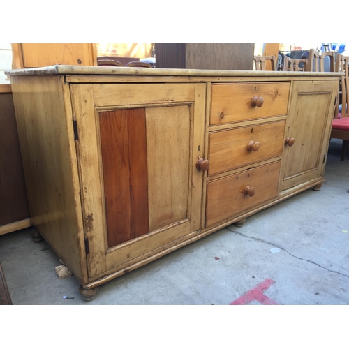 2130 - A VICTORIAN PINE KITCHEN DRESSER BASE ENCLOSING THREE DRAWERS AND TWO CUPBOARDS, 72