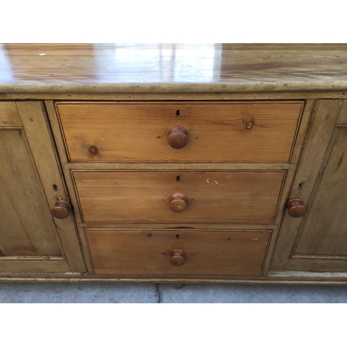 2130 - A VICTORIAN PINE KITCHEN DRESSER BASE ENCLOSING THREE DRAWERS AND TWO CUPBOARDS, 72