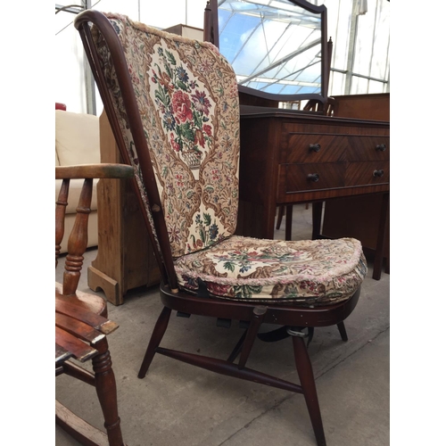 2180 - AN ERCOL STYLE FIRESIDE CHAIR AND FARMHOUSE ROCKING CHAIR