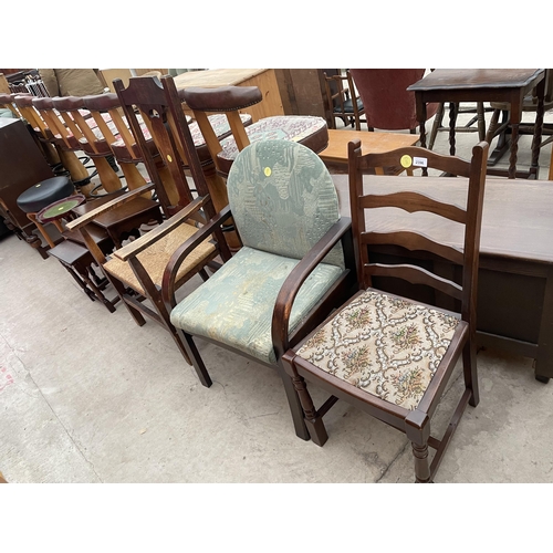 2396 - AN OAK ART NOUVEAU RUSH SEATED ELBOW CHAIR, LADDERBACK CHAIR AND DECO STYLE CHAIR