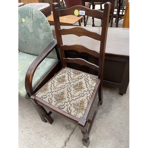 2396 - AN OAK ART NOUVEAU RUSH SEATED ELBOW CHAIR, LADDERBACK CHAIR AND DECO STYLE CHAIR