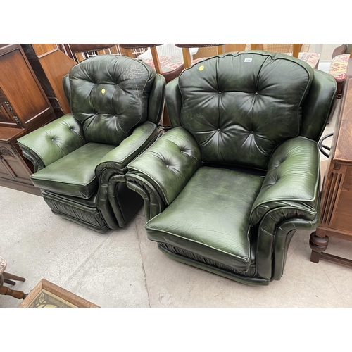 2399 - A PAIR OF GREEN LEATHER BUTTON-BACK EASY CHAIRS