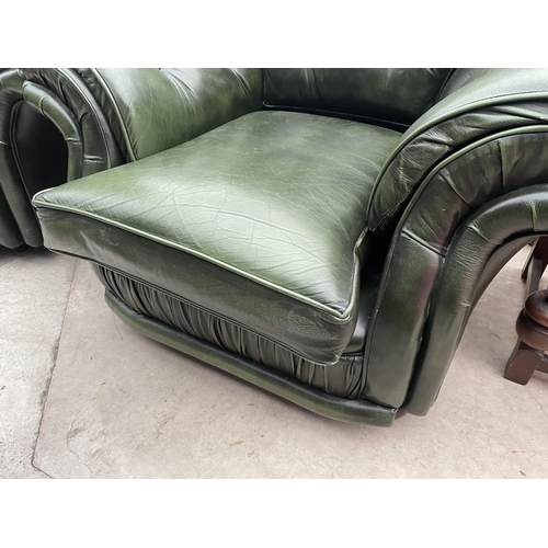 2399 - A PAIR OF GREEN LEATHER BUTTON-BACK EASY CHAIRS