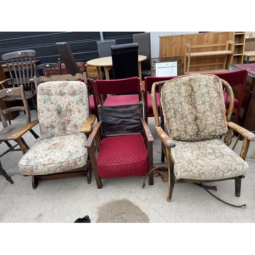 2486 - A PARKER KNOLL STYLE FIRESIDE CHAIR AND ROCKING CHAIR AND MID 20TH CENTURY LOW OAK ARMCHAIR