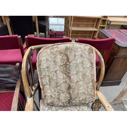 2486 - A PARKER KNOLL STYLE FIRESIDE CHAIR AND ROCKING CHAIR AND MID 20TH CENTURY LOW OAK ARMCHAIR