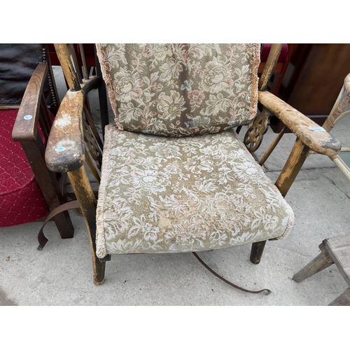 2486 - A PARKER KNOLL STYLE FIRESIDE CHAIR AND ROCKING CHAIR AND MID 20TH CENTURY LOW OAK ARMCHAIR