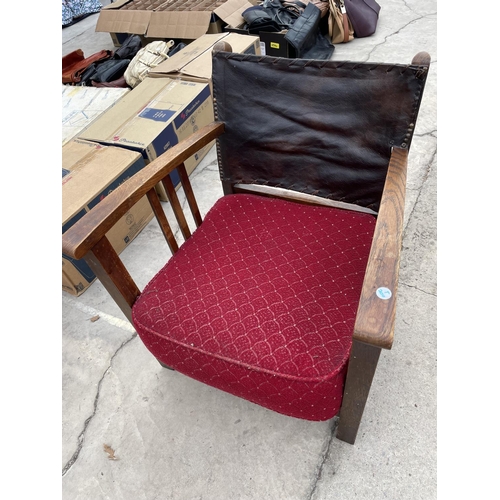 2486 - A PARKER KNOLL STYLE FIRESIDE CHAIR AND ROCKING CHAIR AND MID 20TH CENTURY LOW OAK ARMCHAIR