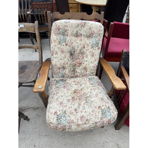 2486 - A PARKER KNOLL STYLE FIRESIDE CHAIR AND ROCKING CHAIR AND MID 20TH CENTURY LOW OAK ARMCHAIR