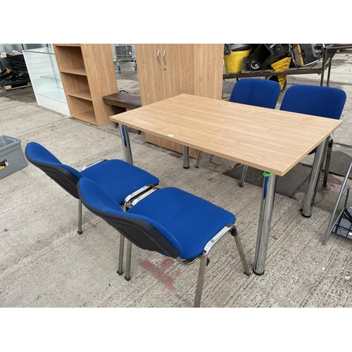 2496 - FOUR MODERN STACKING CHAIRS ON CHROME FRAMES AND SIMILAR TABLE, 51 X 31