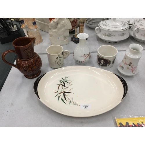 172 - TWO ORIENTAL VASES (MARKED TO THE BASE), A TREACLE GLAZED JUG, DOULTON PLATE, PORTMERION, ETC