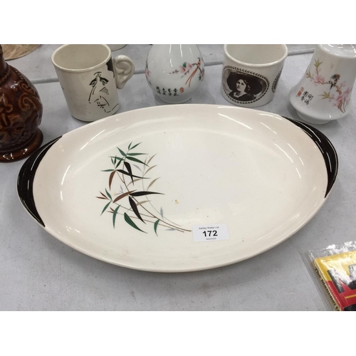 172 - TWO ORIENTAL VASES (MARKED TO THE BASE), A TREACLE GLAZED JUG, DOULTON PLATE, PORTMERION, ETC