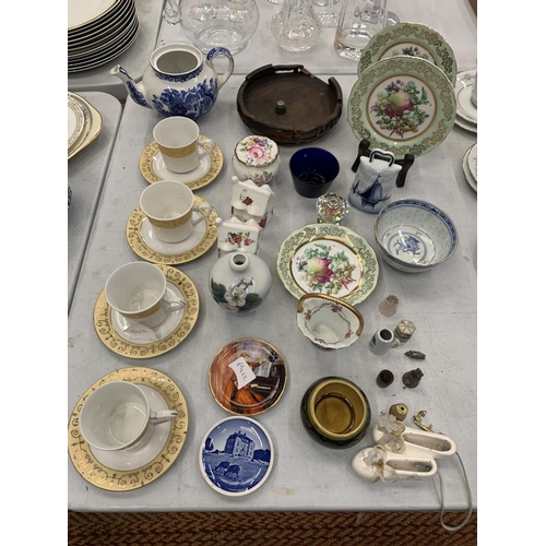 195 - A COLLECTION OF CERAMICS AND CHINA TO INCLUDE CUPS AND SAUCERS, PLATES, COTTAGES, THIMBLES, ETC