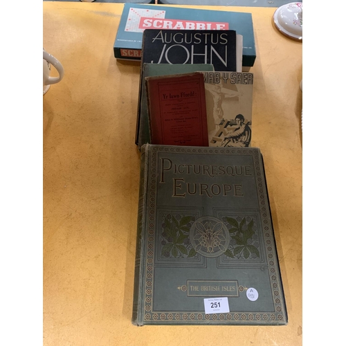 251 - AN 1875 PICTURESQUE EUROPE 'THE BRITISH ISLES' BOOK, MANUSCRIPT WRITING BOOK, ETC PLUS A SCRABBLE GA... 