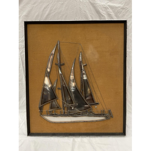 12 - A LARGE METAL ART COLLAGE OF A SAILING BOAT 80CM X 70CM