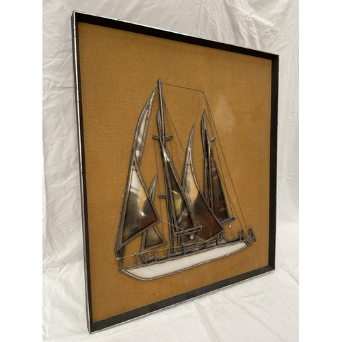 12 - A LARGE METAL ART COLLAGE OF A SAILING BOAT 80CM X 70CM