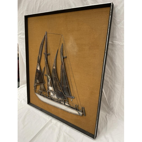 12 - A LARGE METAL ART COLLAGE OF A SAILING BOAT 80CM X 70CM