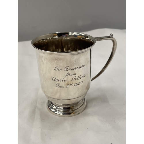 14 - A HALLMARKED BIRMINGHAM SILVER TANKARD ENGRAVED GROSS WEIGHT 158 GRAMS