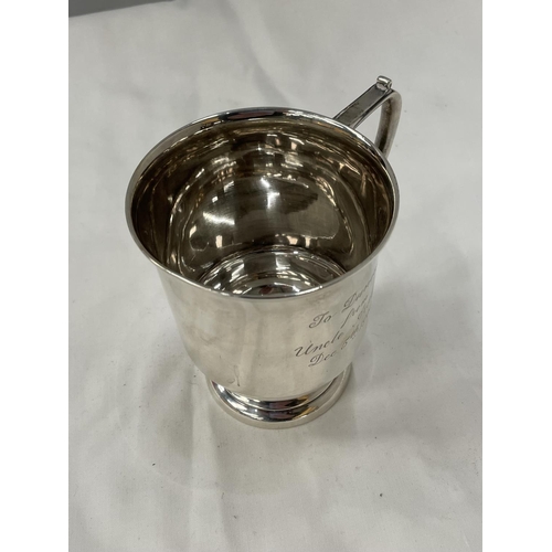 14 - A HALLMARKED BIRMINGHAM SILVER TANKARD ENGRAVED GROSS WEIGHT 158 GRAMS