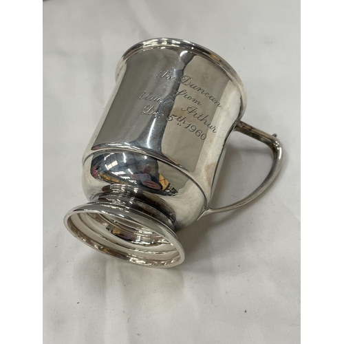 14 - A HALLMARKED BIRMINGHAM SILVER TANKARD ENGRAVED GROSS WEIGHT 158 GRAMS