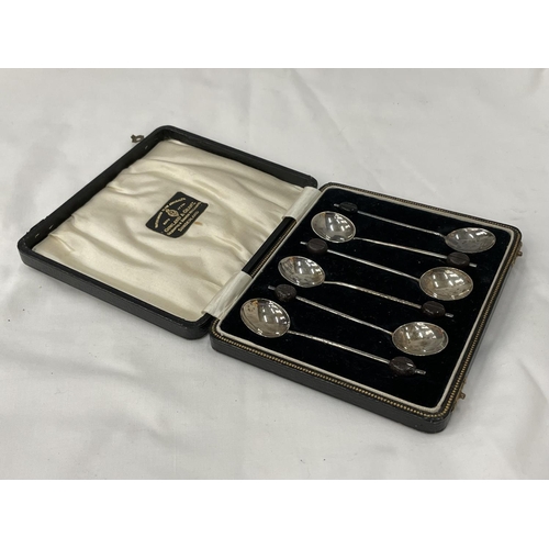 16 - A BOXED SET OF SIX HALLMARKED BIRMINGHAM COFFEE BEAN SPOONS