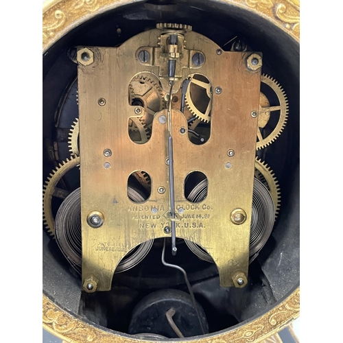 23 - A 19TH CENTURY GILDED METALWARE 8 DAY MANTLE CLOCK BY THE ANSONIA CLOCK CO NEW YORK USA DATED JUNE 1... 