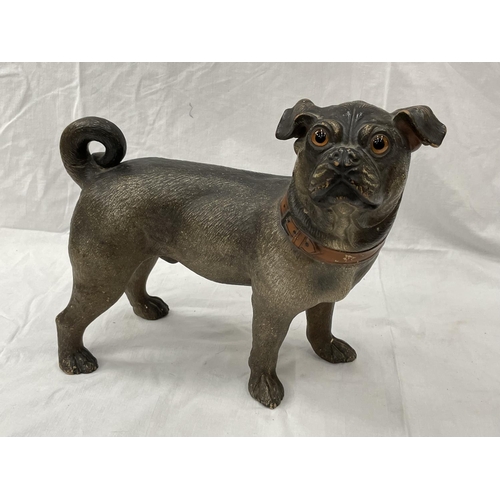 31 - A LATE 19TH CENTURY AUSTRIAN HAND PAINTED TERRACOTTA PUG NOSED DOG HEIGHT 31CM A/F