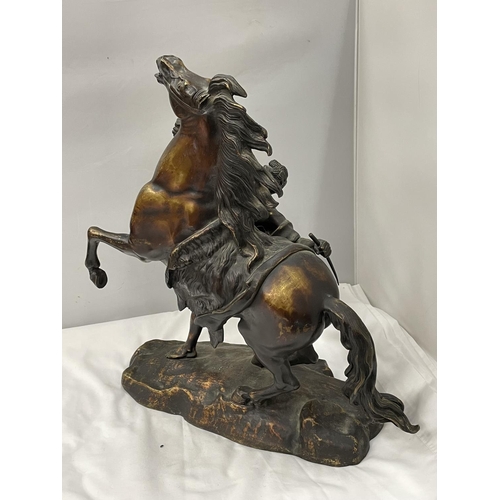 38 - A BRONZE STATUE IN THE MANNER OF GUILLAUME COUSTOU CHEVAL DE MARLY HEIGHT 50CM