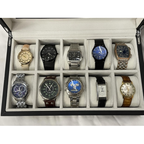 40A - TWELVE VARIOUS WATCHES IN A PRESENTATION BOX TO INLCUDE TWO SKAGEN, A JAGUAR, DKNY ETC