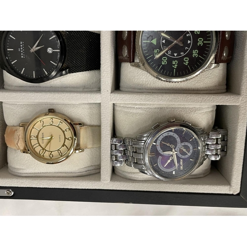 40A - TWELVE VARIOUS WATCHES IN A PRESENTATION BOX TO INLCUDE TWO SKAGEN, A JAGUAR, DKNY ETC