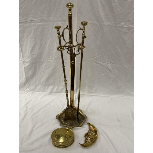 48 - BRASS ITEMS TO INCLUDE A COMPANION SET, LIDDED BOX AND A CRESENT MOON STYLE DISH