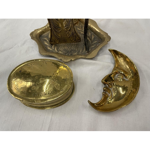 48 - BRASS ITEMS TO INCLUDE A COMPANION SET, LIDDED BOX AND A CRESENT MOON STYLE DISH