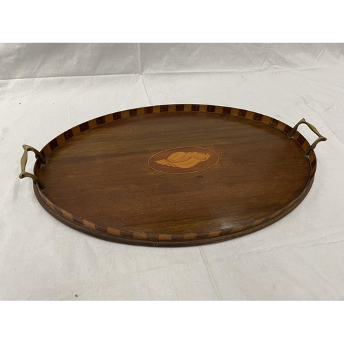 50 - A LARGE MAHOGANY TRAY WITH BRASS HANDLES AND A SHELL DESIGN 57CM X 37CM