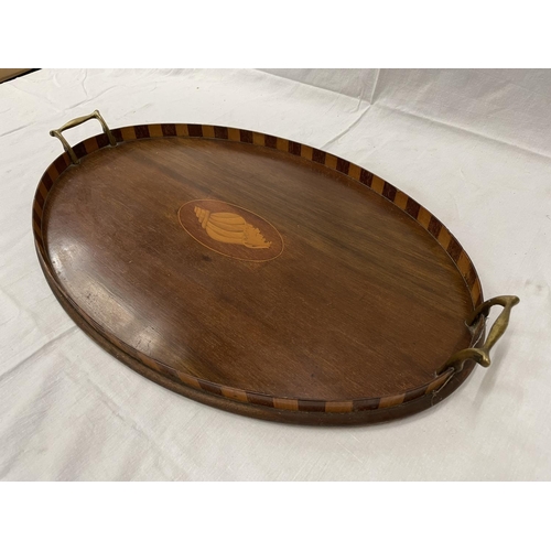 50 - A LARGE MAHOGANY TRAY WITH BRASS HANDLES AND A SHELL DESIGN 57CM X 37CM