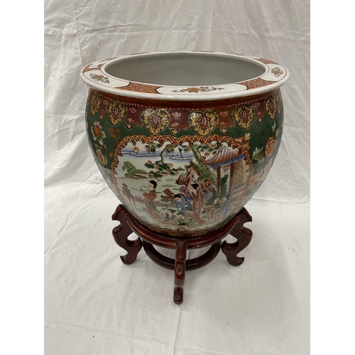 51 - A LARGE ORIENTAL PLANTER ON STAND HEIGHT 56CM DIAMETER 41CM