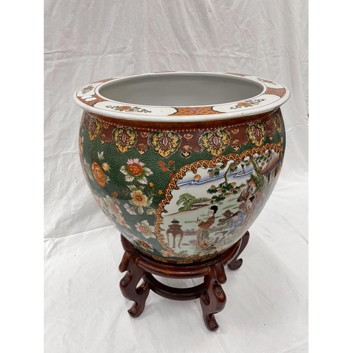 51 - A LARGE ORIENTAL PLANTER ON STAND HEIGHT 56CM DIAMETER 41CM