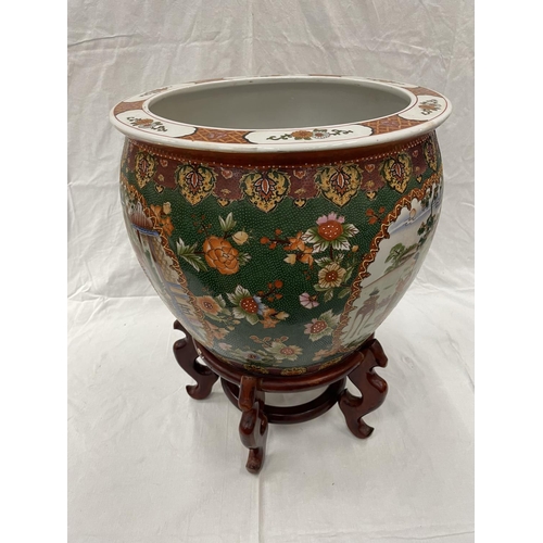 51 - A LARGE ORIENTAL PLANTER ON STAND HEIGHT 56CM DIAMETER 41CM