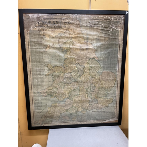 52 - A VINTAGE FRAMED MAP OF ENGLAND AND WALES 114CM X 97CM (A/F)