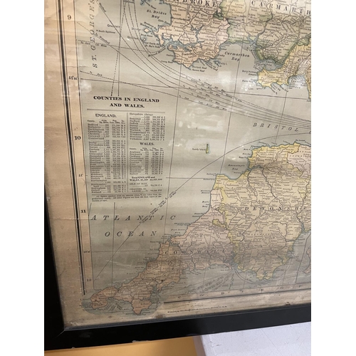 52 - A VINTAGE FRAMED MAP OF ENGLAND AND WALES 114CM X 97CM (A/F)