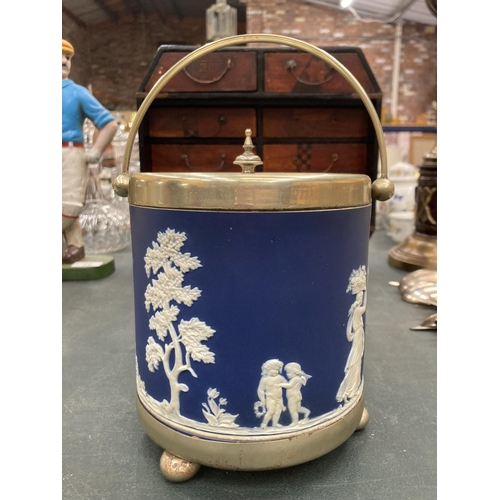 77 - A JASPERWARE BISCUIT BARREL WITH A METAL LID HEIGHT 13CM