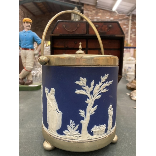 77 - A JASPERWARE BISCUIT BARREL WITH A METAL LID HEIGHT 13CM