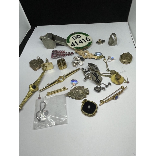 90A - VARIOUS MISCELLANEOUS ITEMS TO INCLUDE BROOCHES, BADGES, WHISTLE, RINGS ETC