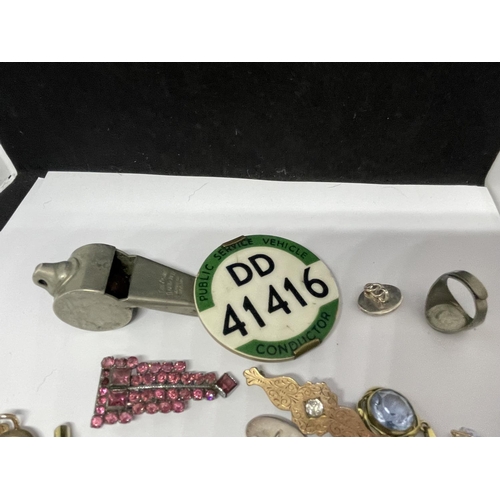 90A - VARIOUS MISCELLANEOUS ITEMS TO INCLUDE BROOCHES, BADGES, WHISTLE, RINGS ETC