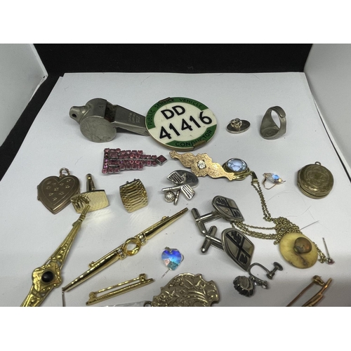 90A - VARIOUS MISCELLANEOUS ITEMS TO INCLUDE BROOCHES, BADGES, WHISTLE, RINGS ETC