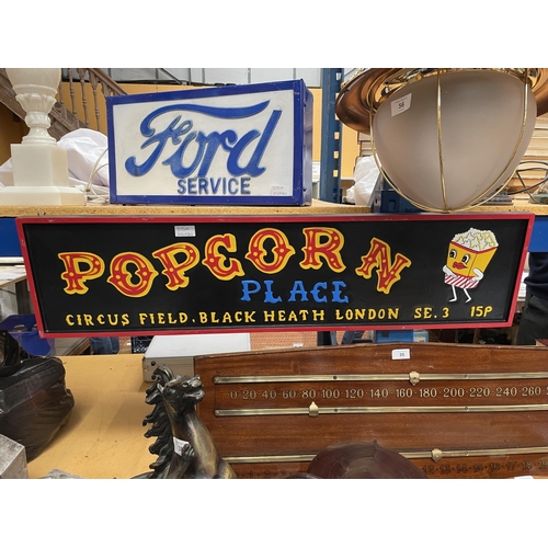 35A - A LARGE WOODEN POPCORN SIGN 100CM X 25CM