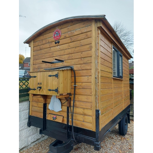 174 - A SHEPHERD'S HUT ON A MASSEY FERGUSON TIPPER TRAILER CHASSIS FULLY LINED WITH STOVE SINK TOILET SING... 